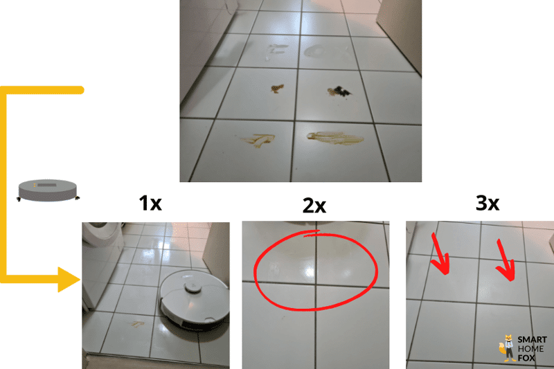 Наглядно отображается результат теста Roborock S7 Pro Ultra на мытье пола из плитки.